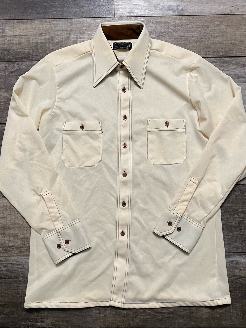 Vintage 70’s Men's JCPenney Polyester Cream Brown Long-Sleeve Button-Up Shirt